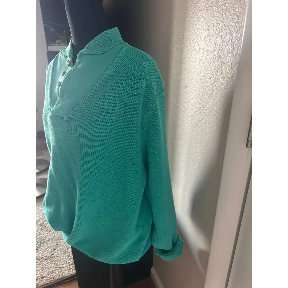 Vintage 80s Lands End Made in USA Cotton Henley Sweater Emerald Green XL Long